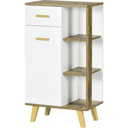 Kleankin Modernes Badezimmerregal mit Schrank, Schublade und Regalen aus Holz, Platzsparender Mehrzweckschrank mit erhöhter Basis, 50x30x89 cm, Weiß Aosom