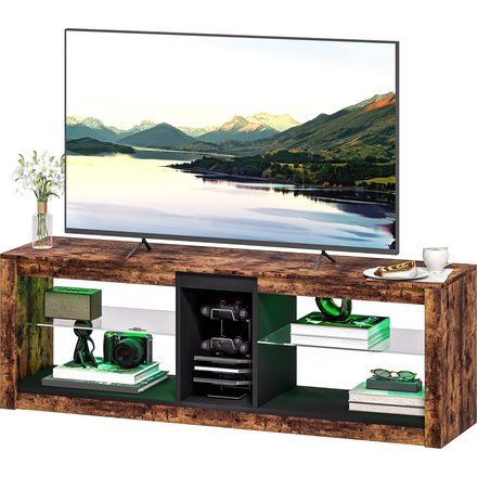 HOMCOM TV-Möbel mit LED-Lichtern und Fernbedienung, TV-Holzbank für Fernseher bis zu 65 Zoll mit offenen Regalen und Fächern, für Wohnzimmer Schlafzimmer, 140x35x47cm, braun Aosom