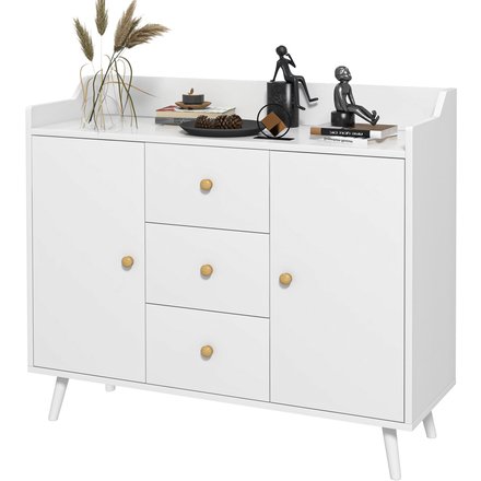 HOMCOM Wohnzimmerschrank aus Holz mit 3 Schubladen und 2 Schränken, modernes und vielseitiges Wohnzimmermöbel für Küche, Esszimmer und Eingangsbereich, 90x32x80 cm, Weiß Aosom