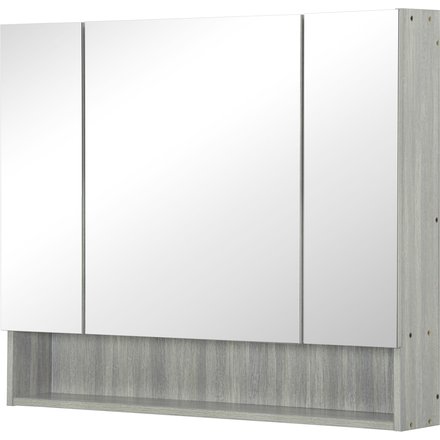 Kleankin Badezimmerschrank mit Spiegel, 90 x 15 x 75 cm, Badezimmermöbel, Toilettenregal mit 3 Spiegeltüren, offenes Fach und verstellbaren Regalen, grau Aosom