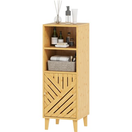 HOMCOM Badezimmerschrank Schmaler Badezimmer-Beistellschrank 32x30x90 cm mit 2 Offenen Regalen Bambustür und -Beine Modernes Design für Kleine Räume Natur Aosom