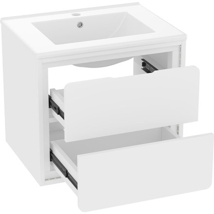 Wandhängender Badezimmerschrank mit LED-Radarsensor-Beleuchtung, zwei Schubladen und integriertem Keramikwaschbecken, 60x46x50 cm, Weiß