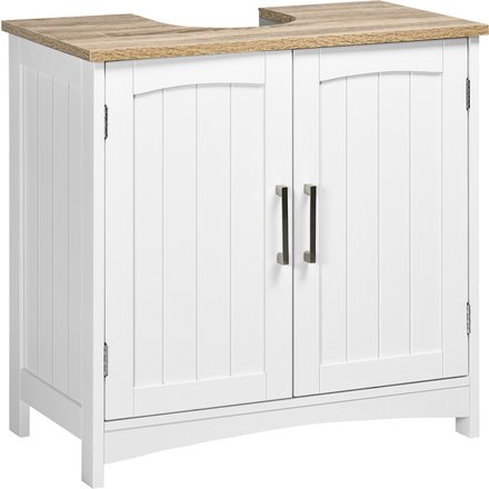 kleankin Unterschrank fürs Bad mit 2 Türen und verstellbarem Fach, platzsparender Unterschrank mit "U"-Ausschnitt, für Waschbecken mit und ohne Sockel, 60x33x60cm, Holz und Weiß Aosom