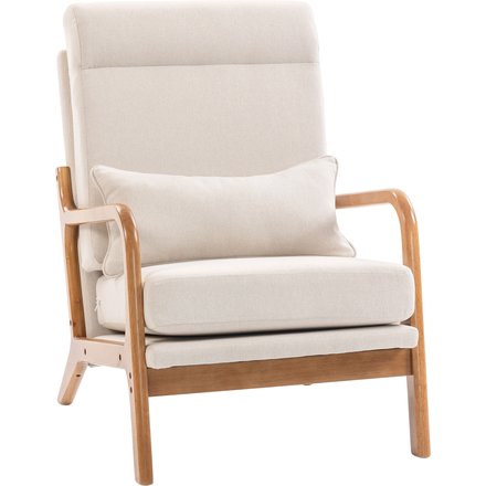 HOMCOM Sessel, gepolsterter Leinenoptik-Beistellsessel mit breiter Sitzfläche, Lendenstütze, hoher Rückenlehne, dickem Kissen und massivem Holzgestell, Wohnzimmer, Schlafzimmer, Leseecke, creme Aosom