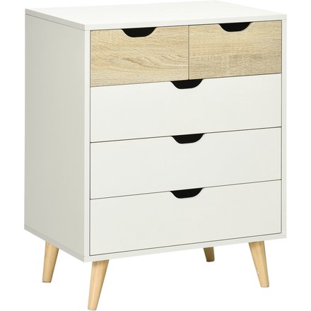 HOMCOM Kommode mit 5 Schubladen Beistellschrank Sideboard für Wohnzimmer Schlafzimmer, 60x40x77,5 cm, Weiß Hellbraun, elegantes Design aus Spanplatte Aosom.de