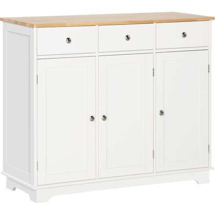 HOMCOM Küchenschrank mit Massivholzplatte, 3 Schubladen, 3 Türen, verstellbare Einlegeböden, moderner platzsparender Sideboard für Esszimmer Flur Wohnzimmer, 101x40x85 cm, Weiß und Eiche Aosom