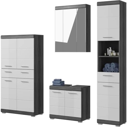 Badmöbel-Set SCHLOONSEE 4 teilig bestehend aus: Hochschrank Waschbeckenunterschrank Spiegelschrank Midischrank Schloonsee, weiß
