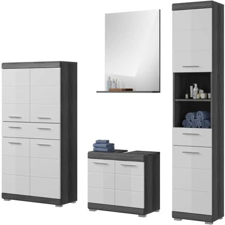 Badmöbel-Set SCHLOONSEE 4 teilig bestehend aus: Hochschrank Waschbeckenunterschrank Badspiegel Midischrank Schloonsee, weiß
