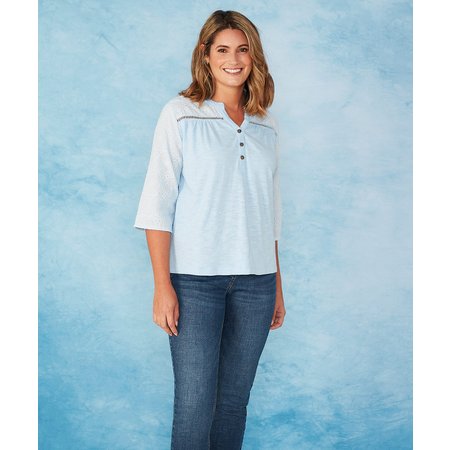 "Damart First Avenue - Broderie Sleeve Notch Neck Button Placket Top"