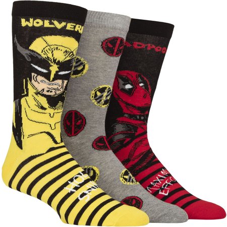 "Mens 3 Pair Marvel Deadpool and Wolverine Cotton Socks Assorted 12-14 Mens"