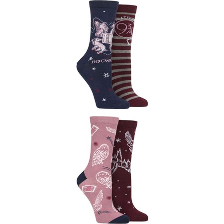 "Women's 4 Pair Harry Potter Hogwarts Cotton Socks Assorted 4-8 Womens"
