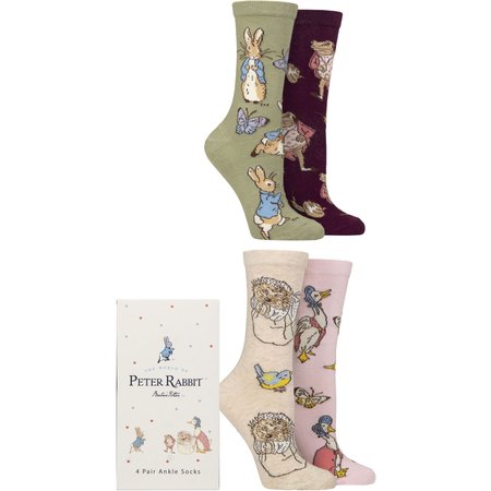 "Women’s 4 Pair SOCKSHOP Beatrix Potter Peter Rabbit, Mr. Jeremy Fisher, Mrs. Tiggy-Winkle and Jemima Puddle-Duck Gift Boxed Socks Multi 4-8 Women's"