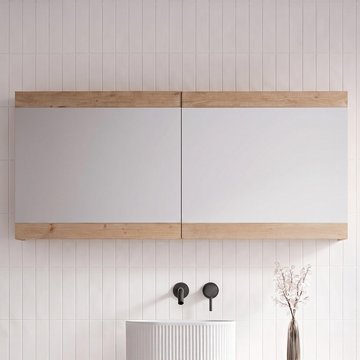 Pompei mirrored bathroom wall mounted cabinet - wide - 2 door - natural - pine wood