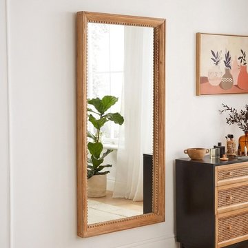 Wall mirror - beaded border - natural - teak wood - 61cm x 122cm
