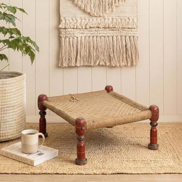Unique one of a kind - distressed stool - square - handwoven rope - turned legs - sand - wooden