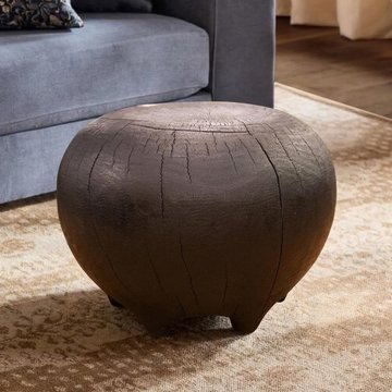 Footstool - round - rustic dark brown - wooden