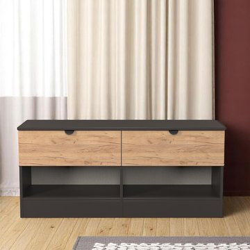 Bora bed box - 2 drawer - open shelf - gold craft oak and graphite