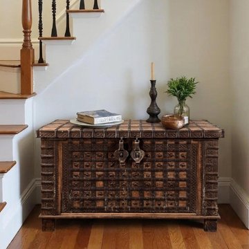 Unique one of a kind - distressed storage trunk - carved - rustic brown - metal and wood