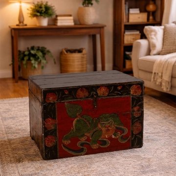 Unique one of a kind - hand painted storage trunk - folk art design - red - wooden