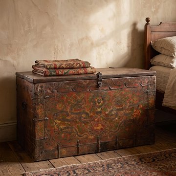 Unique one of a kind - tibetan hand painted storage trunk - multi-color - wood