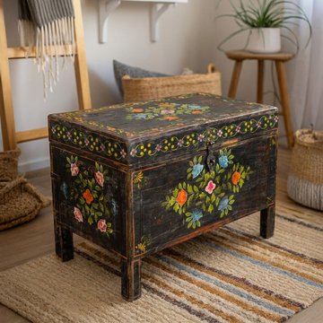 Unique one of a kind - distressed hand painted storage trunk - black - wooden