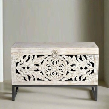 Quintana storage trunk - washed carved - mango wood