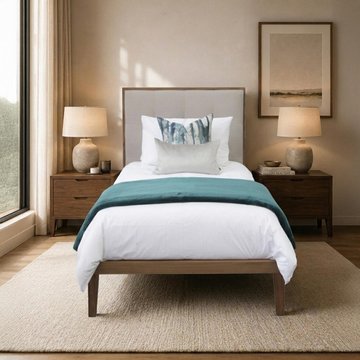 Calla bed - 3ft single - beige and walnut - fabric and dark wood