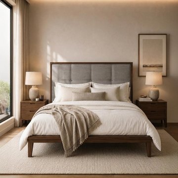 Calla bed - 4ft 6in double - beige and walnut - fabric and dark wood