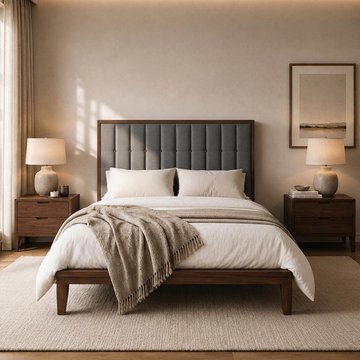 Calla bed - 4ft 6in double - grey and walnut - fabric and dark wood