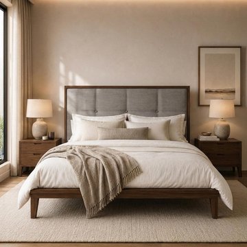Calla bed - 5ft king size - beige and walnut - fabric and dark wood