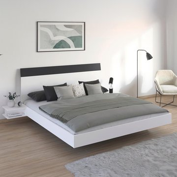 Monza bed - with 2 hanging bedside tables - alpine white & metallic dark grey - 6ft queen size