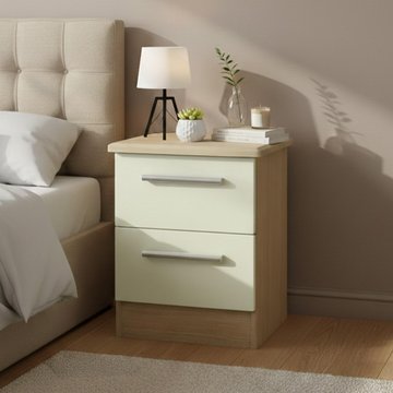 Knightsbridge bedside cabinet - 2 drawer - cream gloss and light oak