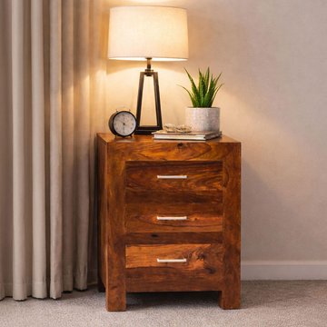 Cube sheesham 3 drawer bedside cabinet