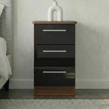 Knightsbridge bedside cabinet - 3 drawer - black gloss and walnut