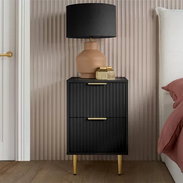 Zara bedside table - 2 drawer - fluted - black - gold legs