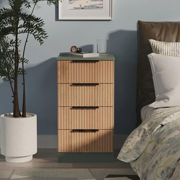 Java fluted bedside cabinet - 4 drawer - natural and reed green