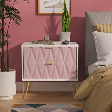 Diamond midi bedside cabinet - 2 drawer - with gold hairpin legs - pink and white