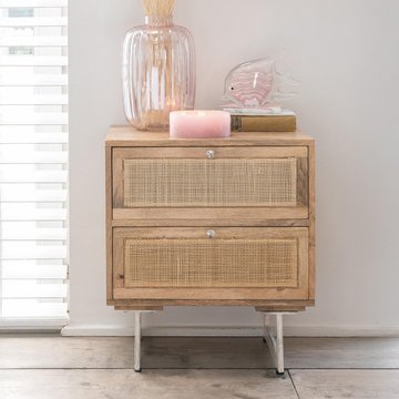 Bedside cabinet - 2 drawer - natural rattan mango wood
