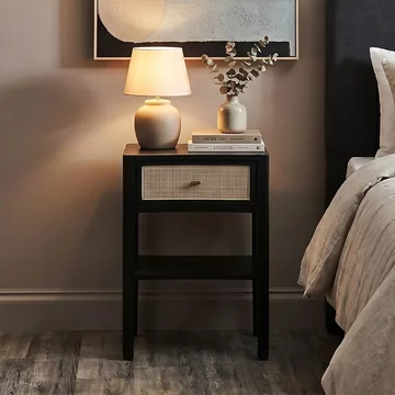 Corso bedside table - 1 drawer - black wood and rattan