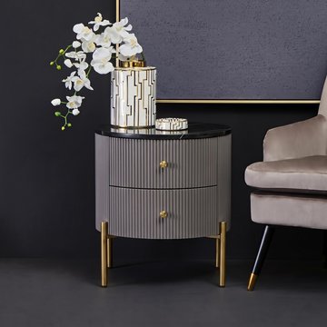 Dervio bedside cabinet - 2 drawer - round - grey fluted with black marble top