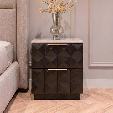 Claremont dark wood 2 drawer geometric bedside cabinet with travertine top
