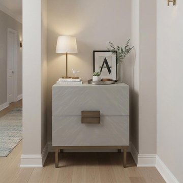 Lilly bedside table - 2 drawer - chevron - soft grey and bronze - wood and metal