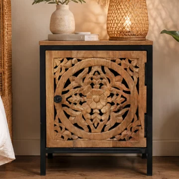 Carved bedside cabinet - 1 door - mango wood and metal
