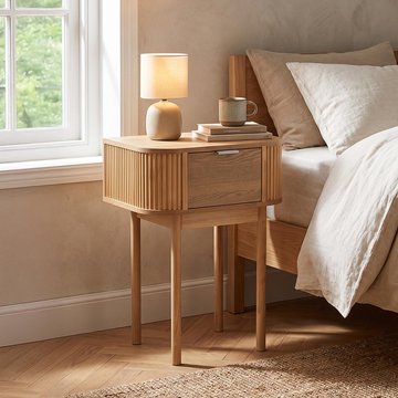 Curved bedside table - 1 drawer - fluted - natural - pine wood