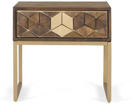 Caltan bedside table - 1 drawer - walnut mango wood and gold - geometric