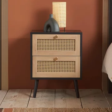 Croxley bedside cabinet - 2 drawer - black and rattan