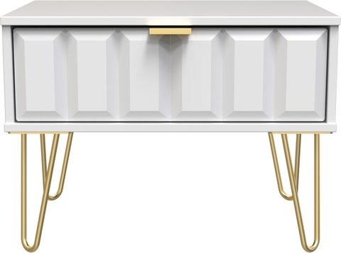 Cube bedside table - 1 drawer - wide - with gold hairpin legs - white