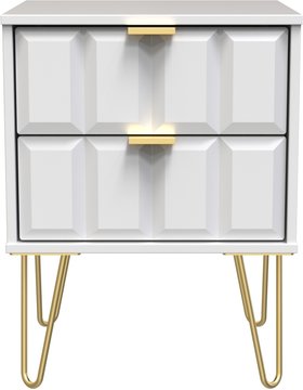 Cube bedside cabinet - 2 drawer - with gold hairpin legs - white