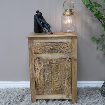 Bedside cabinet - 1 door - 1 drawer - carved mango wood