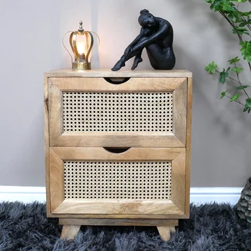 Bedside cabinet - 2 drawer - mango wood and rattan